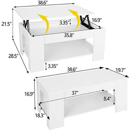 Coffee Table with Lift Top Hidden Compartment and Storage Shelves (White,Brown)