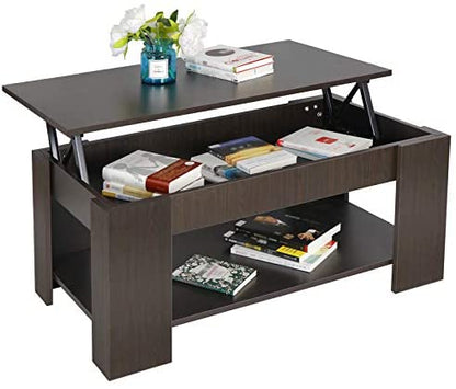 Coffee Table with Lift Top Hidden Compartment and Storage Shelves (White,Brown)
