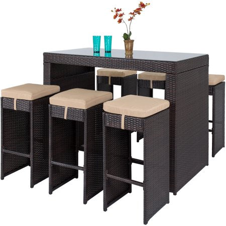7-Piece Outdoor Rattan Wicker Bar Dining Patio Furniture Set w/ Glass Table Top, 6 Stools - Brown