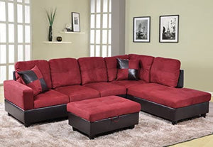 Microfiber with Leather Sofa Set With Ottoman, Red Raspberry