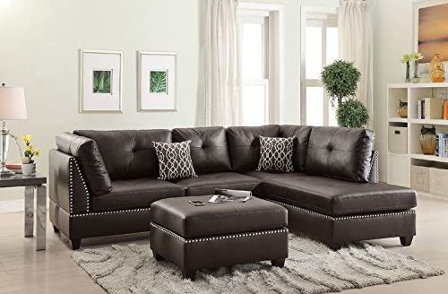 F6973 Bobkona Viola Faux Leather  Chaise Sectional Set with Ottoman (Pack of 3), Espresso