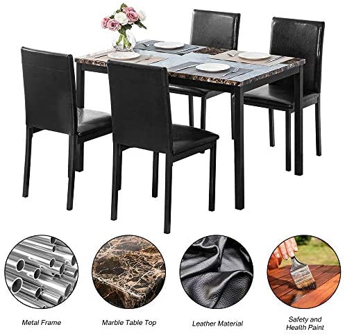 5 Pieces Dining Table Set, Elegant Faux Marble Desk and 4 Upholstered PU Leather Chairs