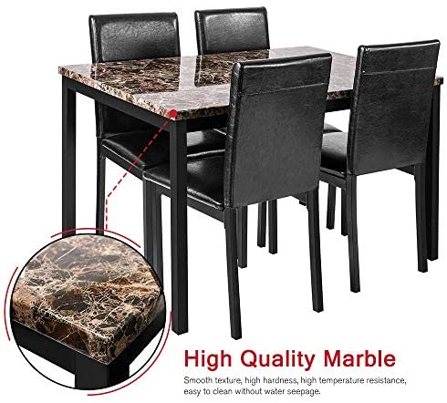 5 Pieces Dining Table Set, Elegant Faux Marble Desk and 4 Upholstered PU Leather Chairs