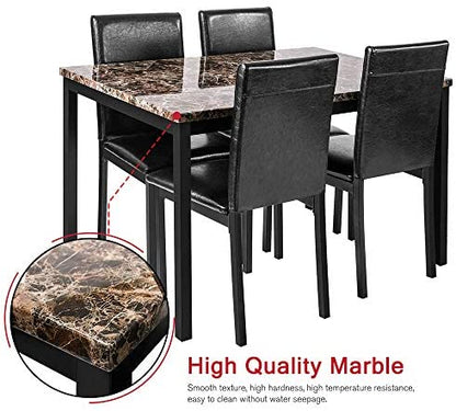 5 Pieces Dining Table Set, Elegant Faux Marble Desk and 4 Upholstered PU Leather Chairs