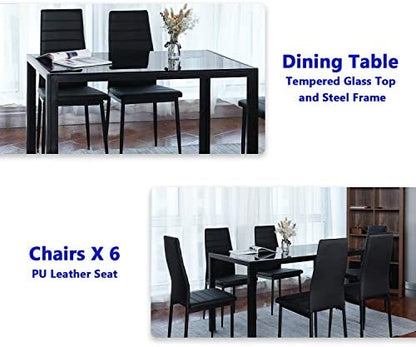 7 Piece Kitchen Dining Table Set for 6, Glass Table