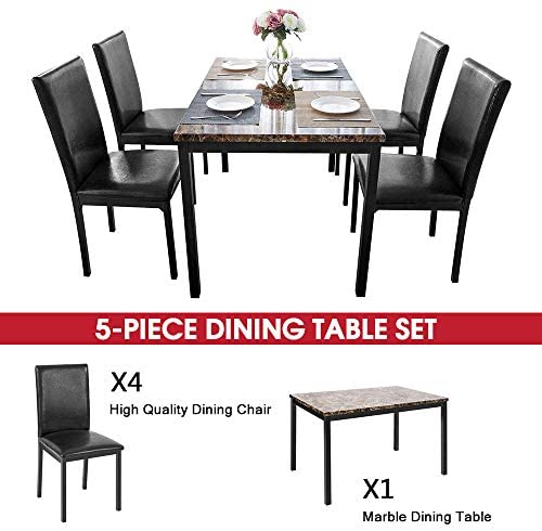 5 Pieces Dining Table Set, Elegant Faux Marble Desk and 4 Upholstered PU Leather Chairs