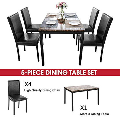 5 Pieces Dining Table Set, Elegant Faux Marble Desk and 4 Upholstered PU Leather Chairs