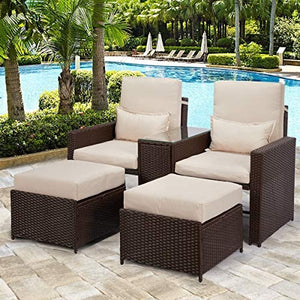 5 Piece Outdoor Furniture Sets PE Wicker Rattan Chaise Lounge