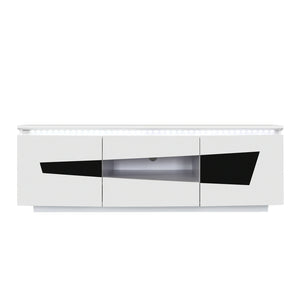 59" White & Black TV Stand/Console, High Gloss MDF, LED Lights, 2 Doors, Self Closing, Modern Living Room  FA 1013