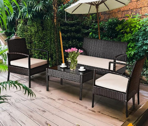 4PCS Brown Outdoor Rattan Wicker Patio Set Garden Lawn Sofa +Chair Furniture Cushioned