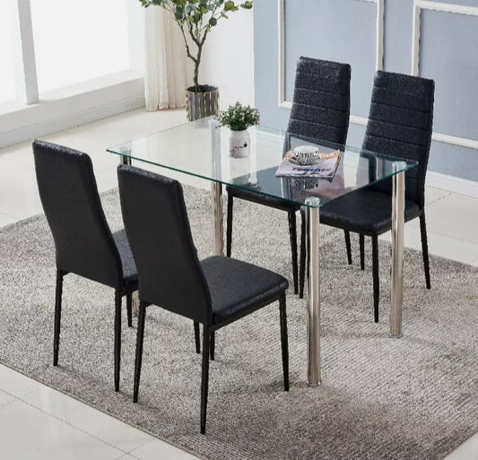 5pcs Dining Room Table Set Black Chairs/ Clear Table