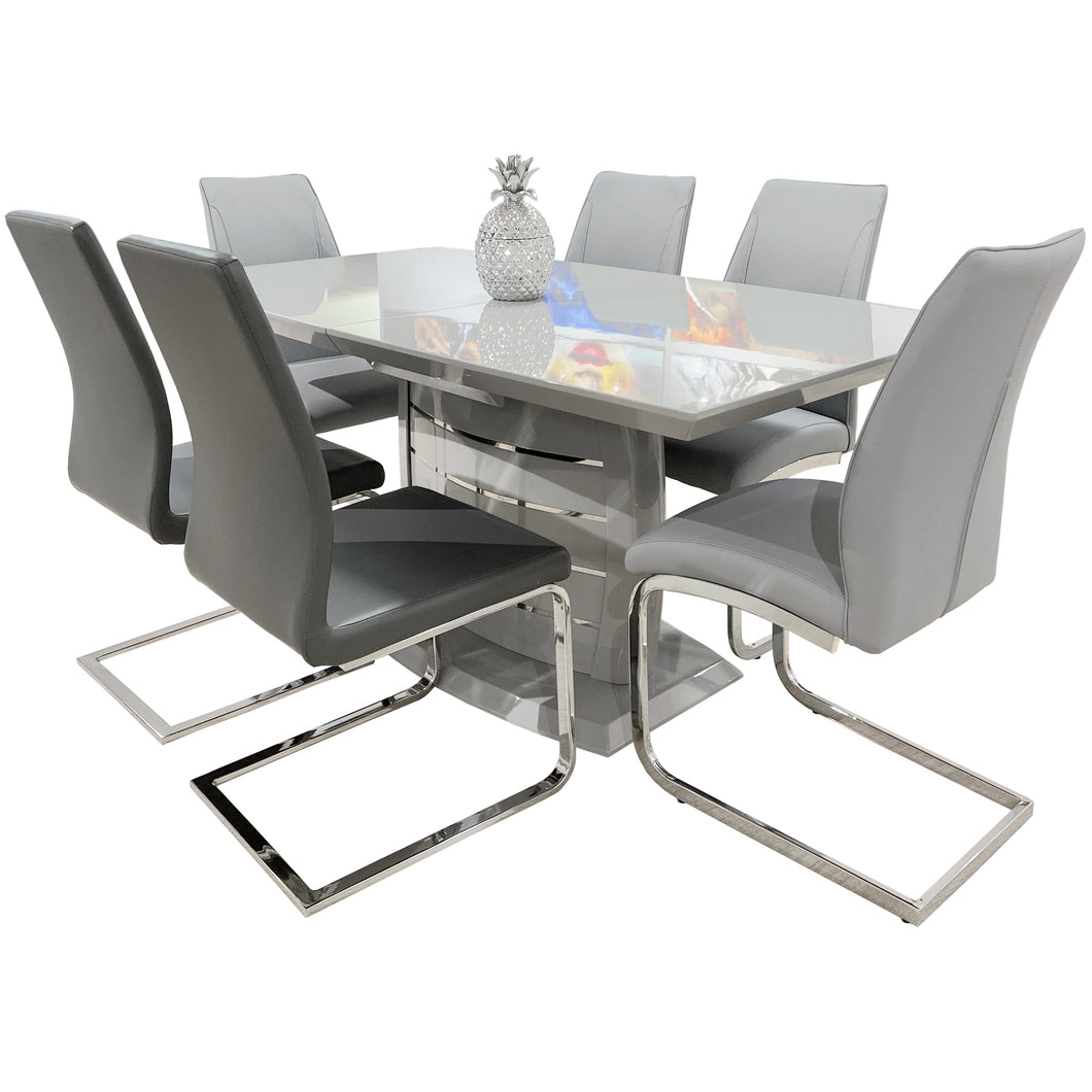 Grey Contemporary Extendable Dining Table, Chrome Stripes Detail, High Gloss OU-45 GREY