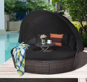 Patio Rattan Daybed Cushioned Sofa Adjustable Table Top Canopy Black