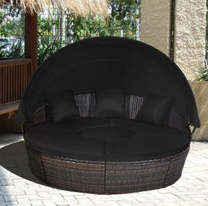 Patio Rattan Daybed Cushioned Sofa Adjustable Table Top Canopy Black