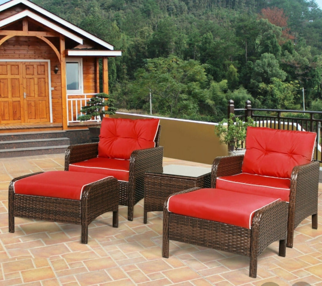 5 pcs Patio Rattan Sofa Ottoman Furniture Set w/ Cushions