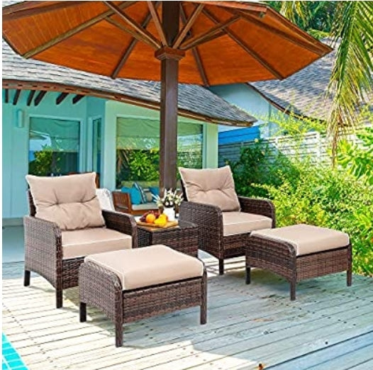 5 pcs Patio Rattan Sofa Ottoman Furniture Set w/ Cushions