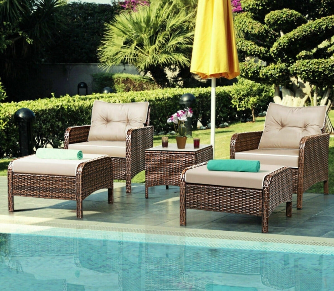 5 pcs Patio Rattan Sofa Ottoman Furniture Set w/ Cushions
