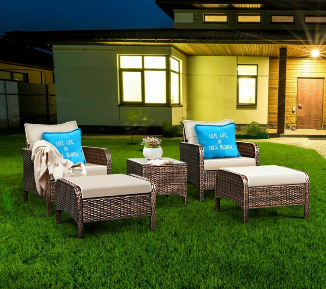 5 pcs Patio Rattan Sofa Ottoman Furniture Set w/ Cushions
