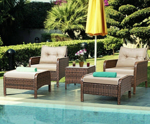 5 pcs Patio Rattan Sofa Ottoman Furniture Set w/ Cushions