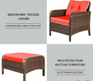 5 pcs Patio Rattan Sofa Ottoman Furniture Set w/ Cushions