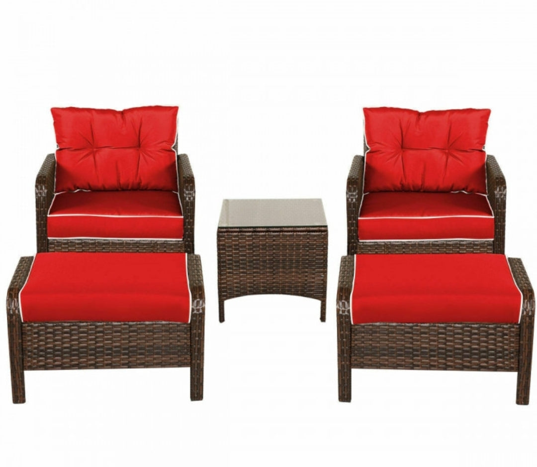 5 pcs Patio Rattan Sofa Ottoman Furniture Set w/ Cushions