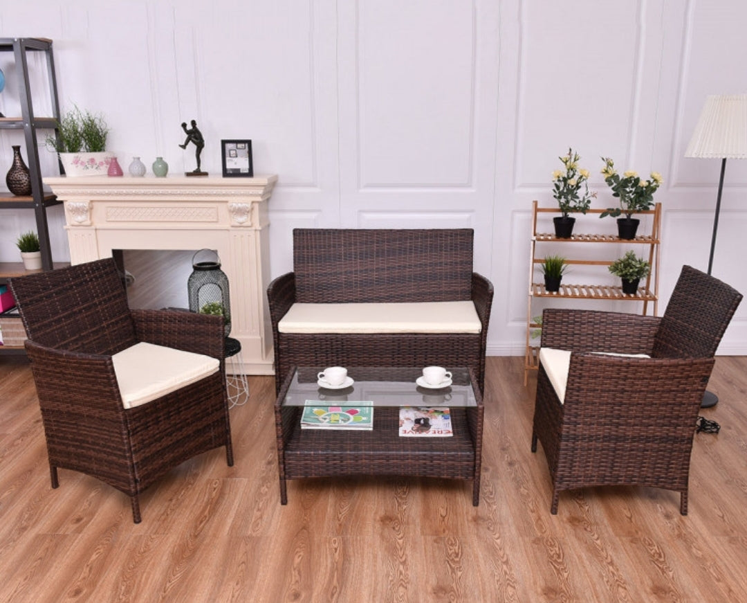 4  pcs Outdoor Patio Rattan Table Sofa Set with Cushions