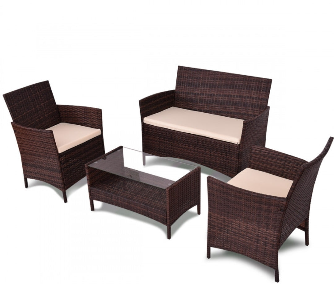 4  pcs Outdoor Patio Rattan Table Sofa Set with Cushions