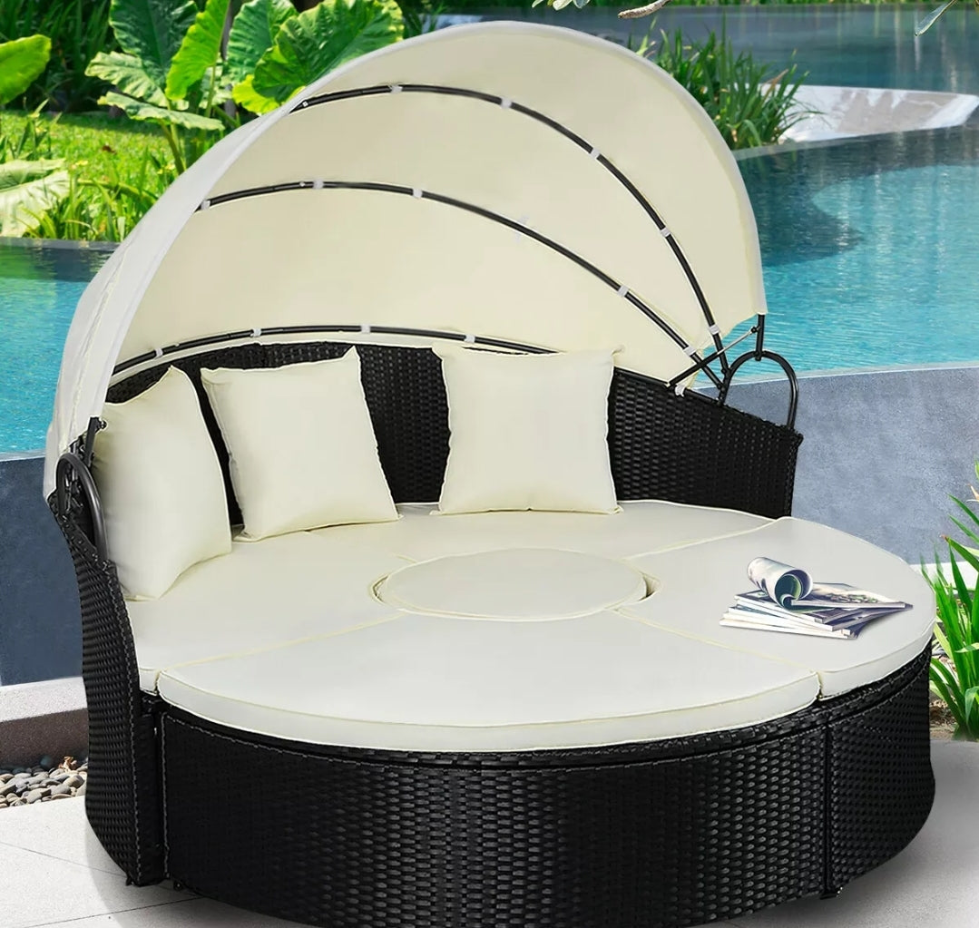 Patio Sofa Round Bed Wicker Rattan Furniture Retractable Sunshade