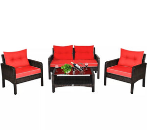 4PCS Patio Rattan Furniture Set Coffee Table Loveseat Sofa W/Red Cushion Outdoor