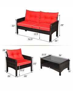 4PCS Patio Rattan Furniture Set Coffee Table Loveseat Sofa W/Red Cushion Outdoor
