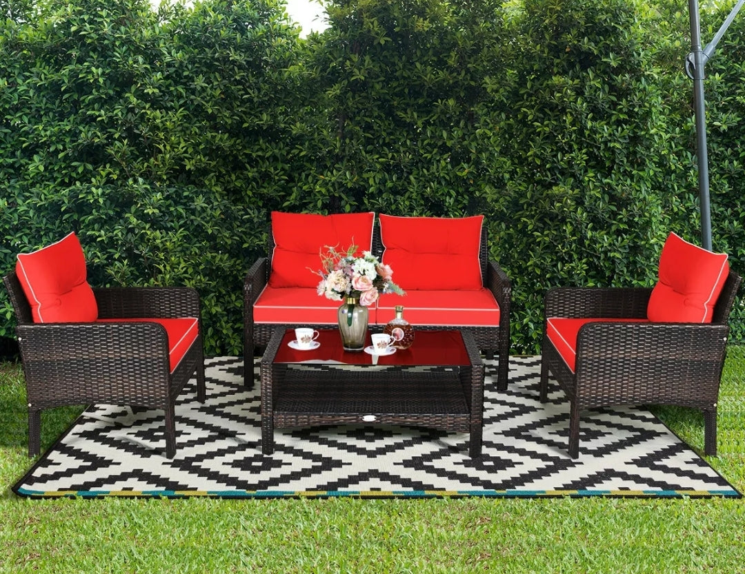4PCS Patio Rattan Furniture Set Coffee Table Loveseat Sofa W/Red Cushion Outdoor