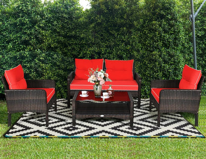 4PCS Patio Rattan Furniture Set Coffee Table Loveseat Sofa W/Red Cushion Outdoor