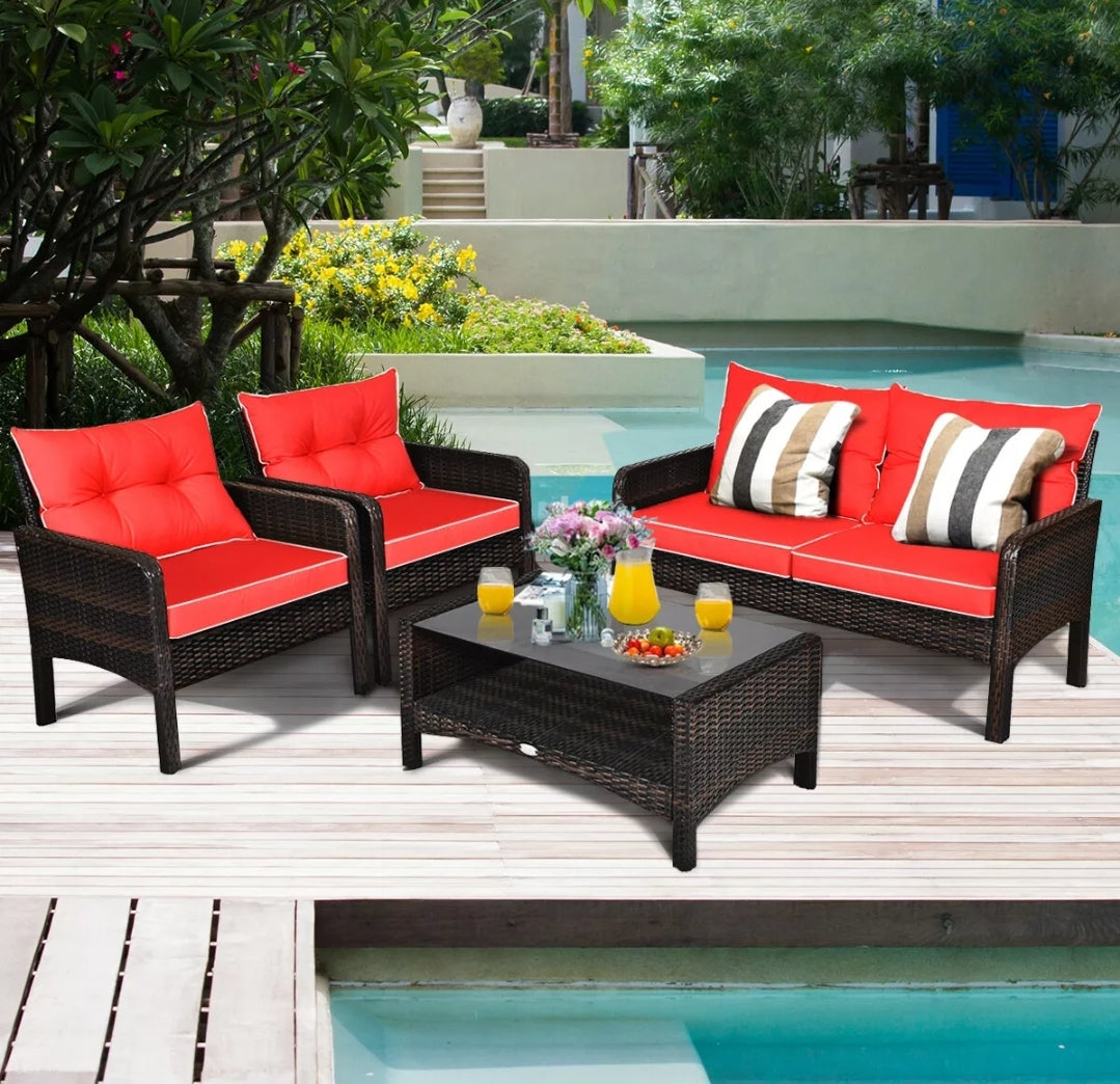 4PCS Patio Rattan Furniture Set Coffee Table Loveseat Sofa W/Red Cushion Outdoor