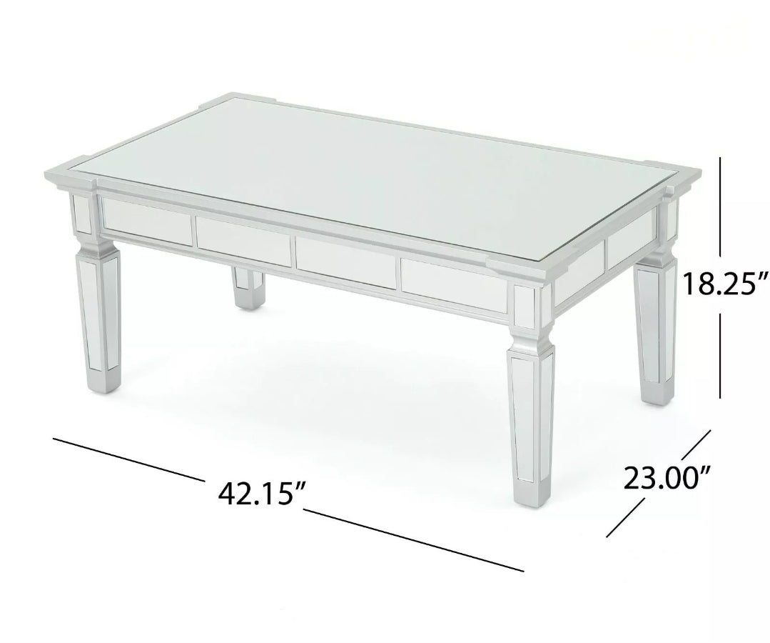 Glam Mirrored Coffee Cocktail Table Silver Finish Living Room Accent Table