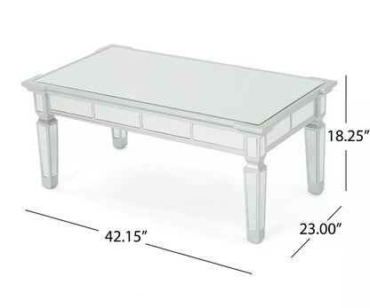 Glam Mirrored Coffee Cocktail Table Silver Finish Living Room Accent Table