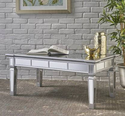 Glam Mirrored Coffee Cocktail Table Silver Finish Living Room Accent Table