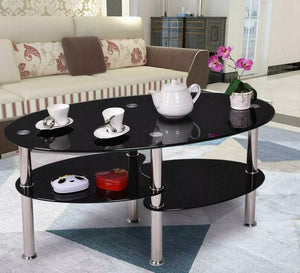 Glass Black Coffee Table Oval Side Shelves Chrome Base