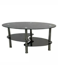 Load image into Gallery viewer, Glass Black Coffee Table Oval Side Shelves Chrome Base
