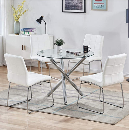 5 Piece Round Dining Table Set, Modern Kitchen Table and Chairs for 4 Person,Dining Room Table Set with Clear Tempered Glass Top, Dining Set for Dining Room Kitchen (Table + 4 White Chairs)