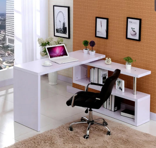White Corner Computer Desk Rotating L Shape Gaming Study PC Table Home Furniture