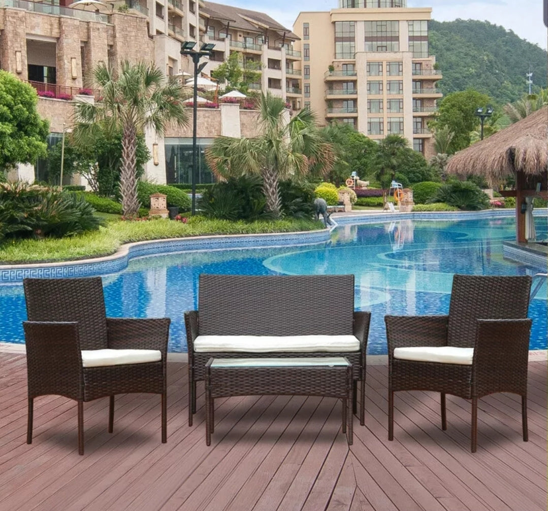 4Pcs Black Rattan Garden Furniture Set Patio Outdoor Table Chairs Sofa Conservatory BN