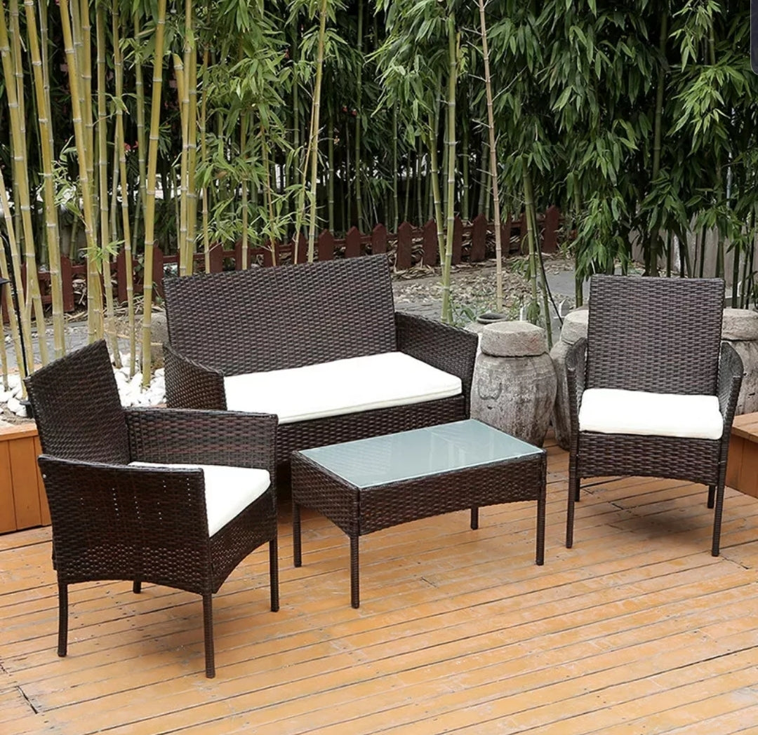 4Pcs Black Rattan Garden Furniture Set Patio Outdoor Table Chairs Sofa Conservatory BN