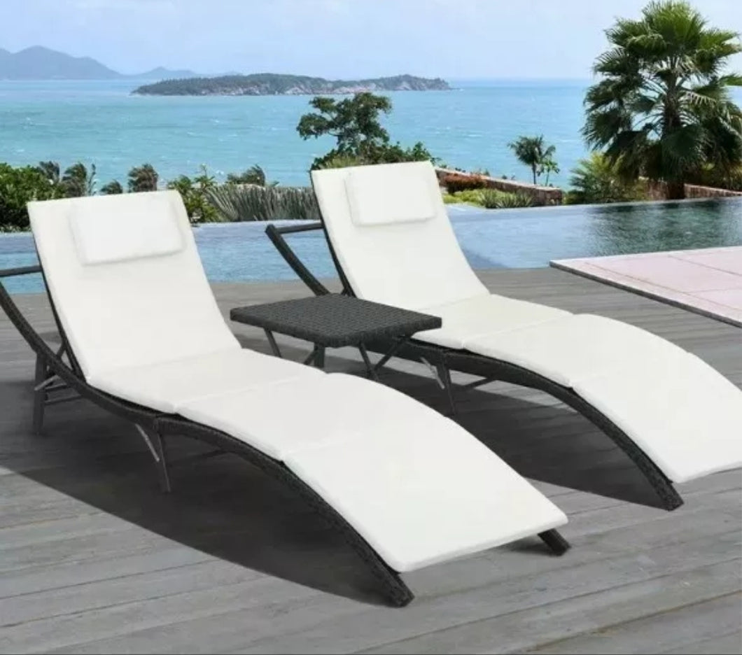 White Raminez Sun Lounger Set with Cushion and Table (Set of 2)