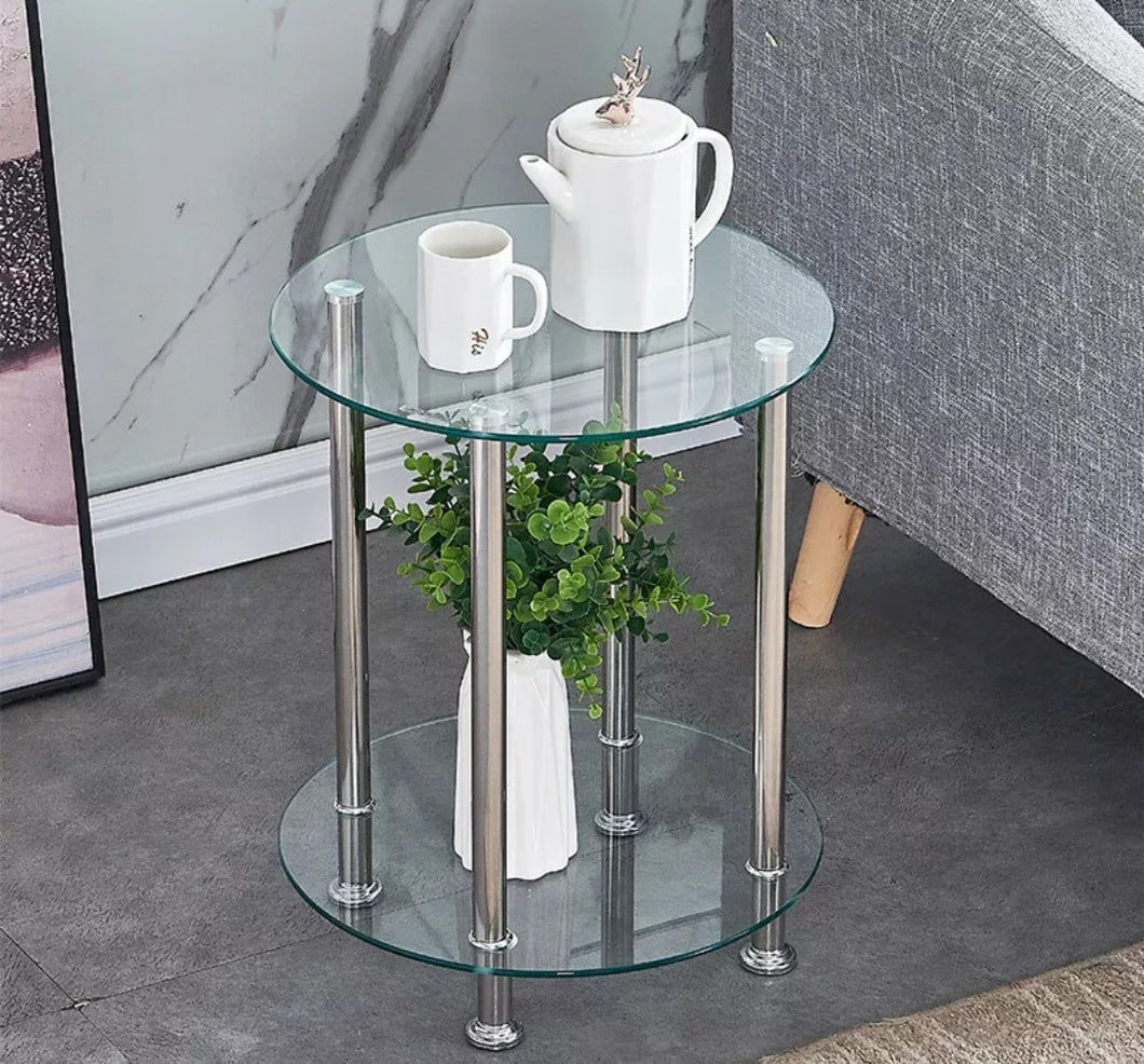 Modern Round Coffee Small Table  2 Tier Glass Top Sofa Side Table Decor Clear