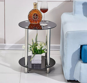 2 Tier Round Coffee Table Glass Top Sofa Side End Table Home Decor Modern