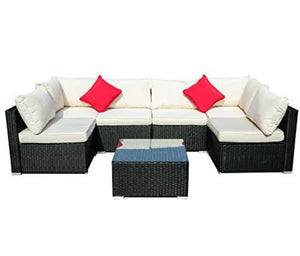  7 Pieces Patio Furniture Sets, Outdoor All-Weather Sectional Sofa, Weaving Wicker Rattan Patio Conversation Set with Cushions & Glass Coffee Table (White)