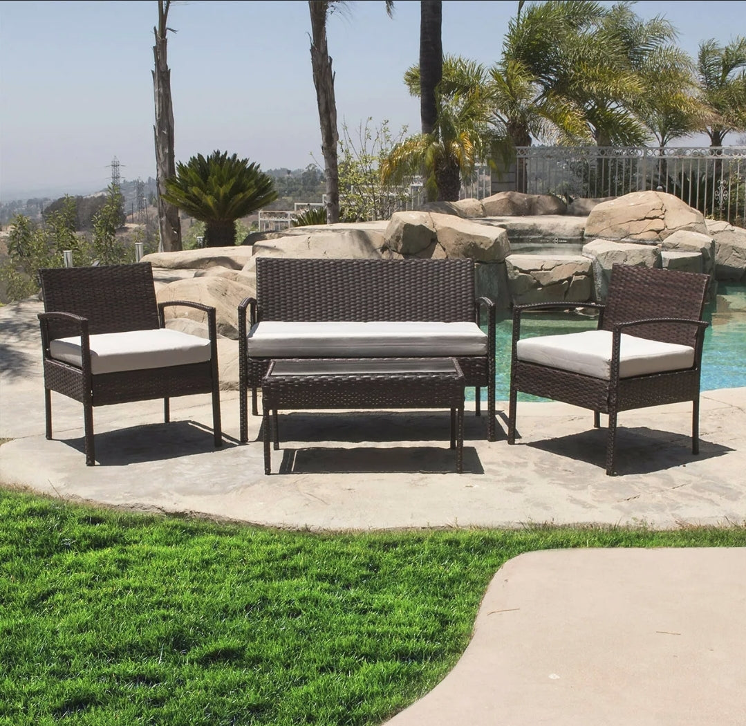 4PCS Brown Outdoor Rattan Wicker Patio Set Garden Lawn Sofa +Chair Furniture Cushioned