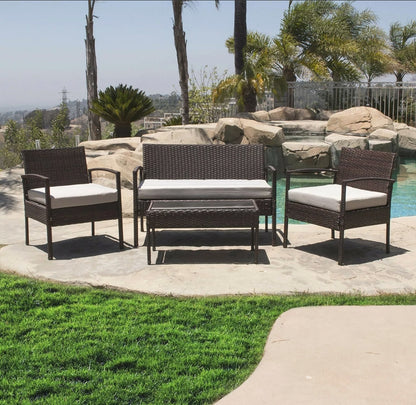 4PCS Brown Outdoor Rattan Wicker Patio Set Garden Lawn Sofa +Chair Furniture Cushioned