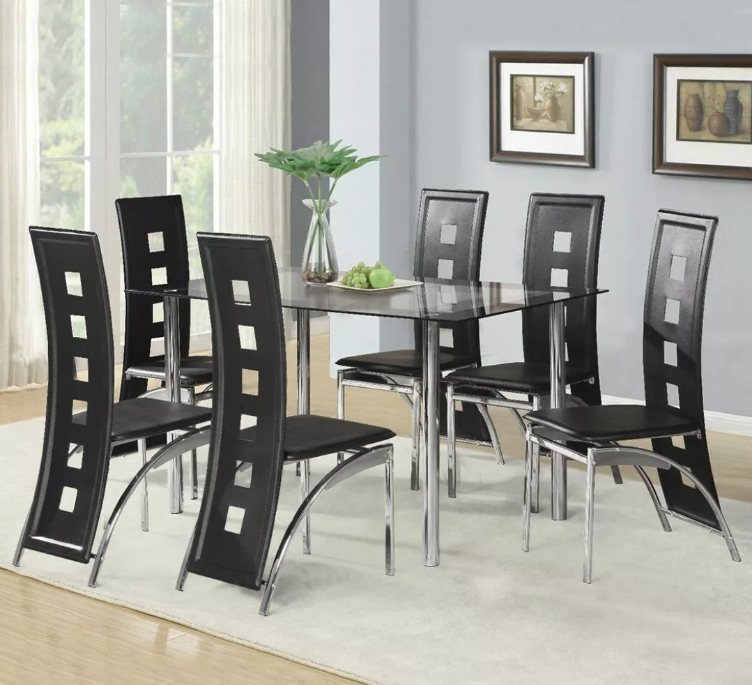 1X Dining Table 6 Chairs Glass Metal Kitchen Room Breakfast Furniture