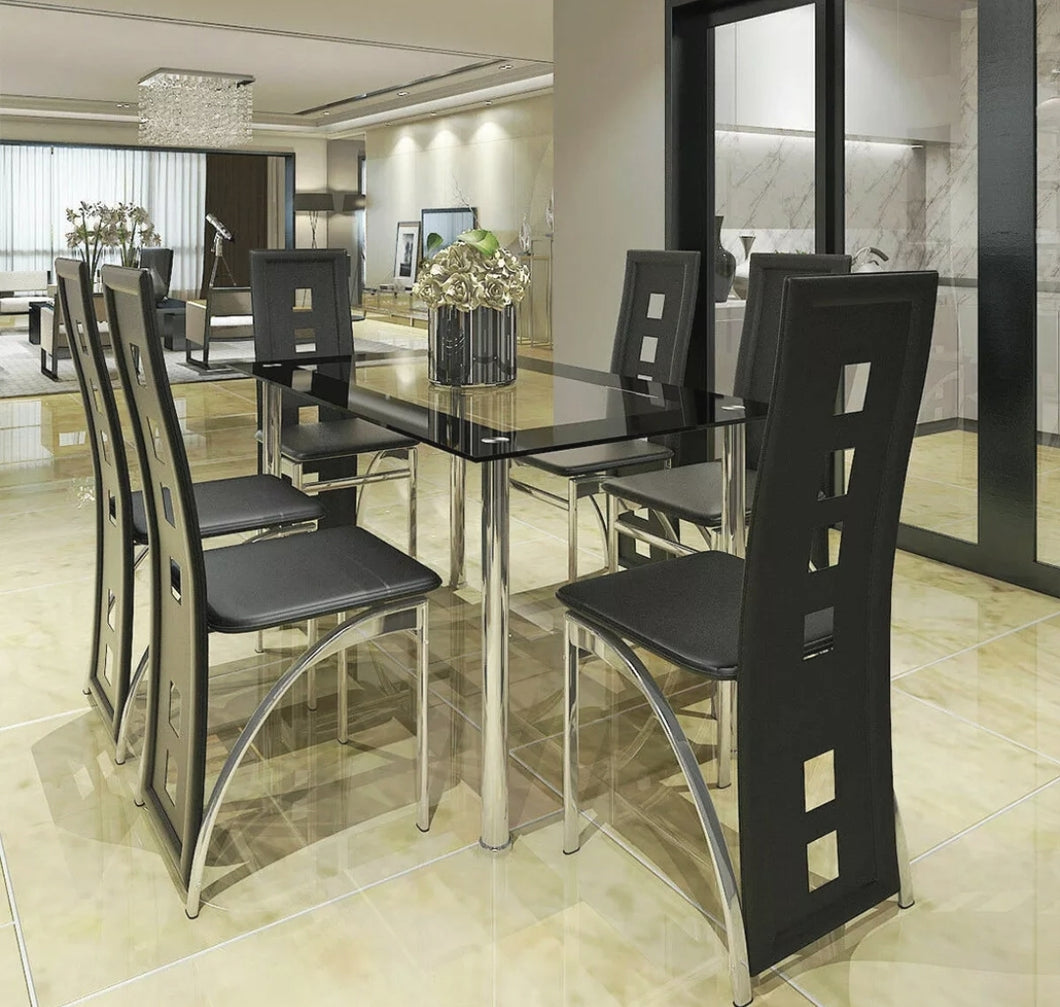 1X Dining Table 6 Chairs Glass Metal Kitchen Room Breakfast Furniture